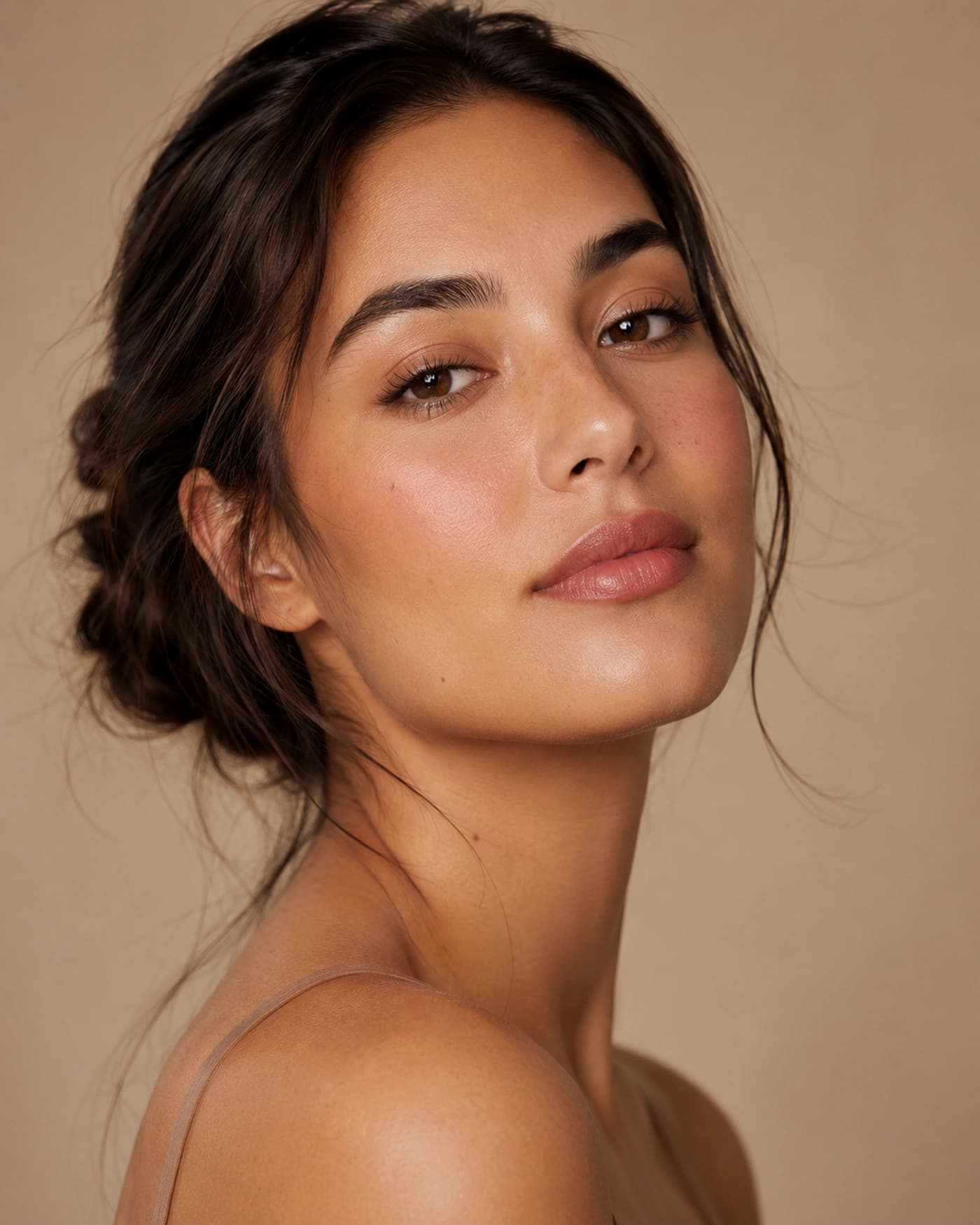 Editorial portrait demonstrating a balanced neutral VELIO color direction