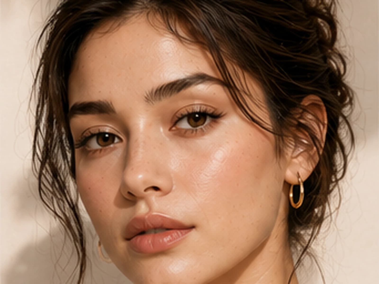 The same Western brunette model wearing clean semi-matte workday makeup with a soft rose nude lip in natural daylight