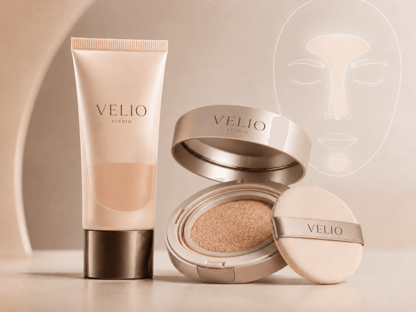 Unbranded premium base products arranged for a center-light complexion route