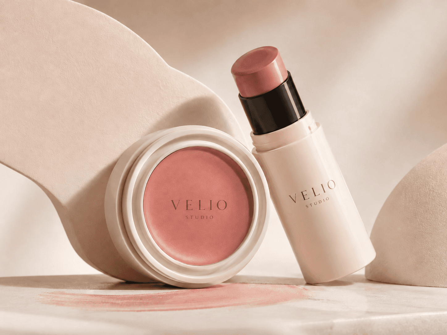 Unbranded cream color products arranged for a controlled rose-brown lip step