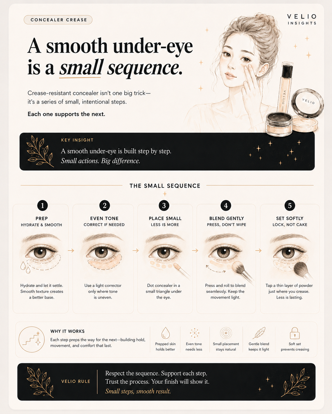 Step-by-step beauty guide showing a small sequence for a smooth crease-resistant under-eye result.