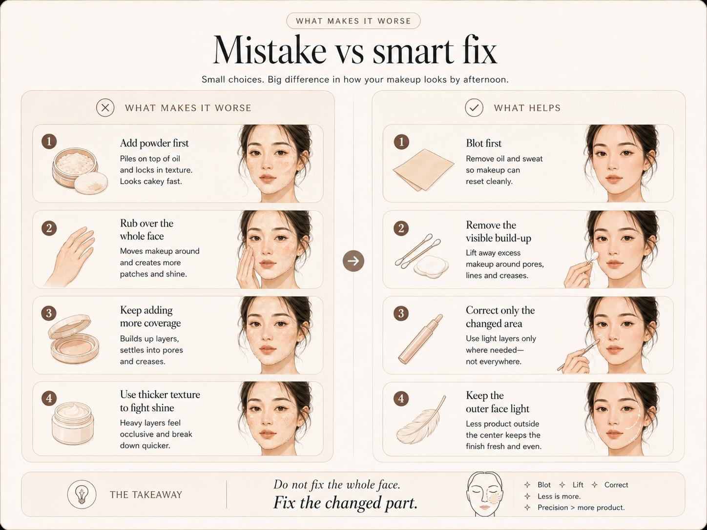 Comparison board showing touch-up mistakes and smarter fixes such as blotting first, removing buildup, and correcting only the changed area.