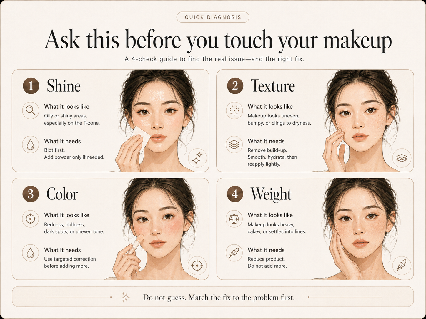 Quick diagnosis guide separating shine, texture, color, and weight before touching up makeup.