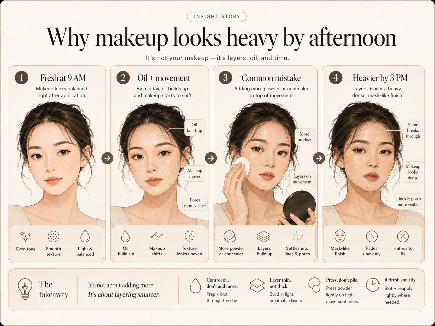 Four-panel story showing makeup fresh at 9 AM, oil and movement, adding more product, and heavier makeup by 3 PM.