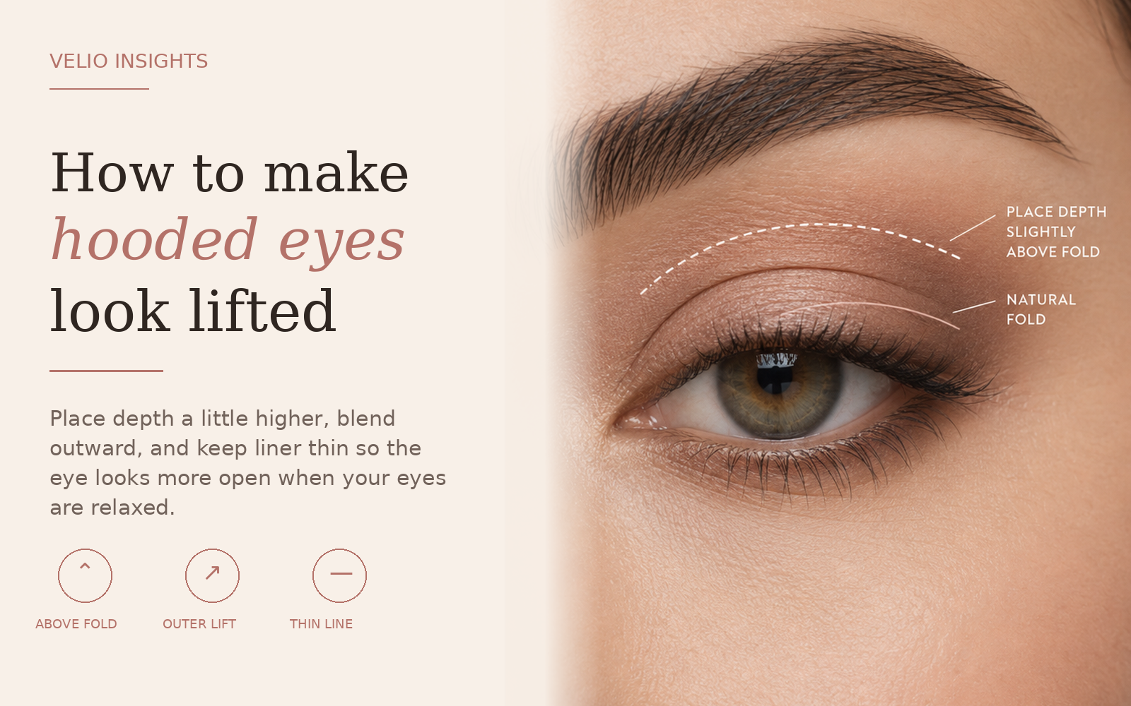 Premium editorial overview showing how to make hooded eyes look lifted with placement, blending, and thin liner.