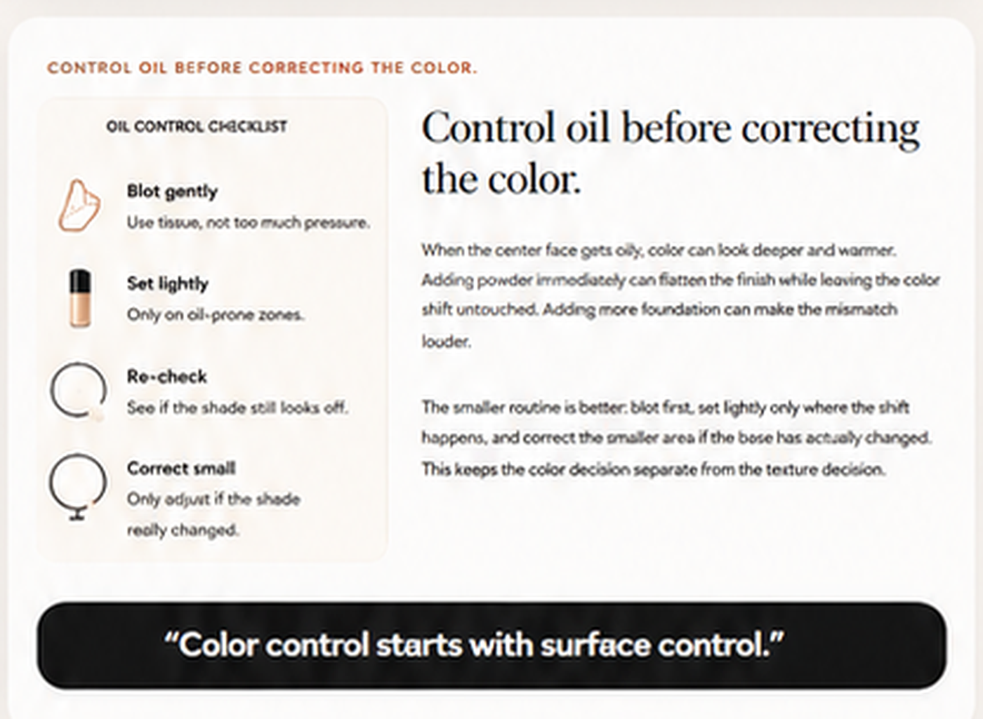Visual board explaining why blotting and soft setting can protect foundation color.