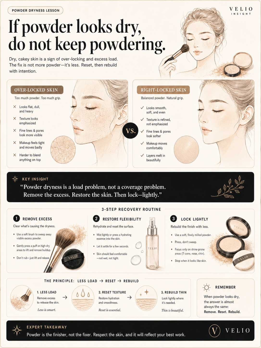 Premium visual lesson explaining why foundation looks patchy on dry skin and how to create a smoother base.