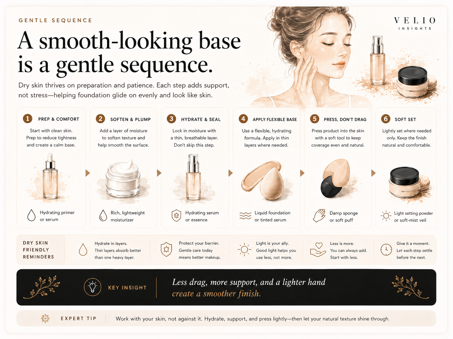 Step-by-step dry-skin foundation routine with hydration, flexible base, spot correction, and soft setting.