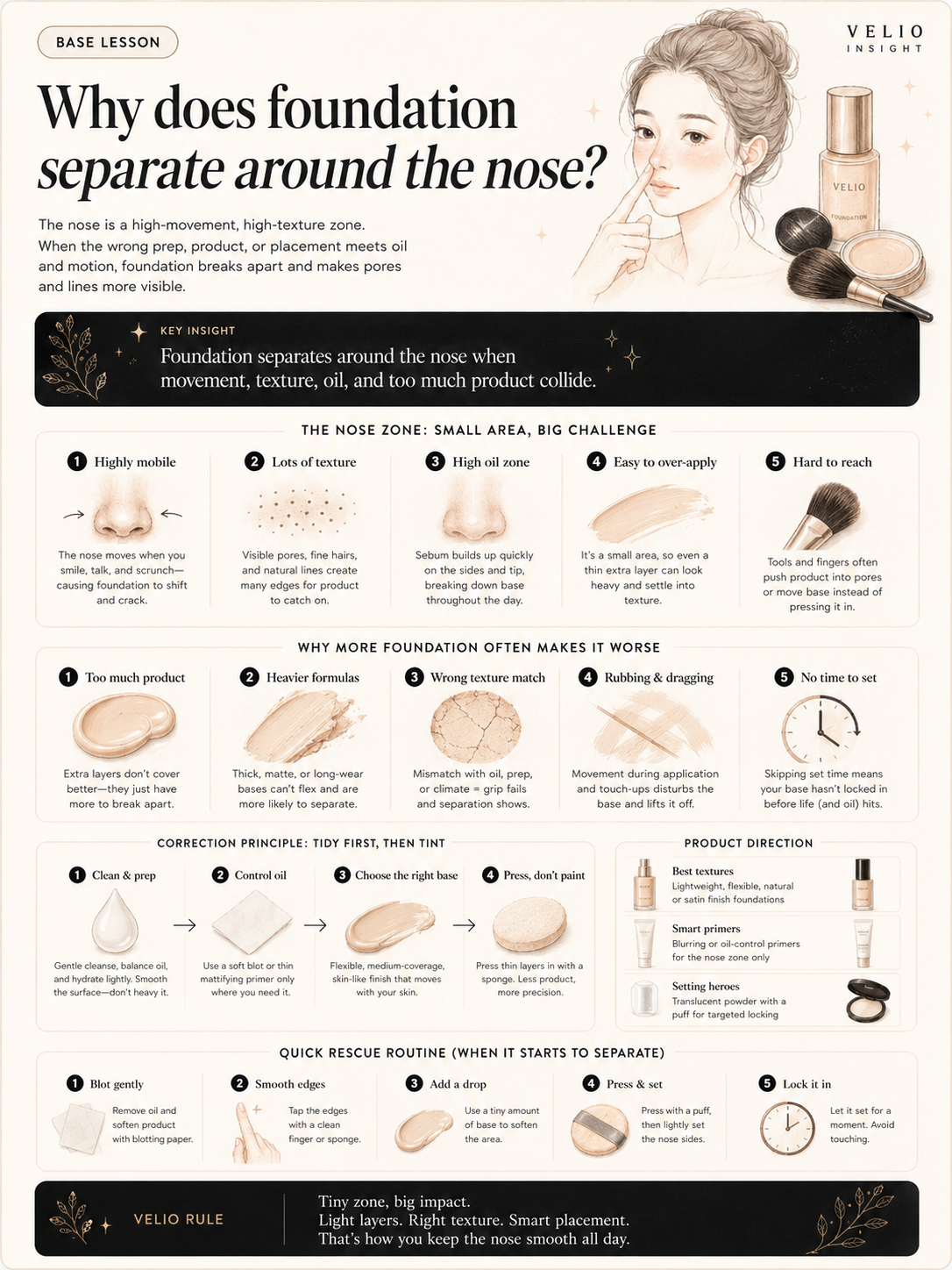 Premium visual guide for foundation separating around the nose with product direction cues.