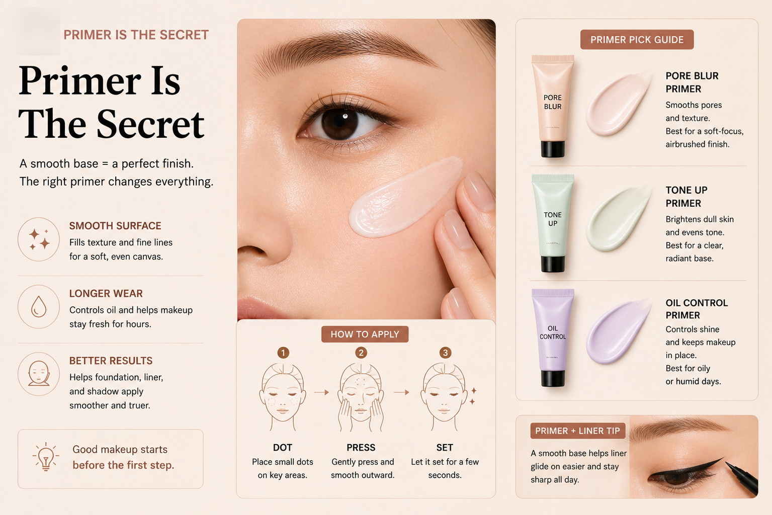 Primer guide showing how a smooth base helps eyeliner stay sharp.