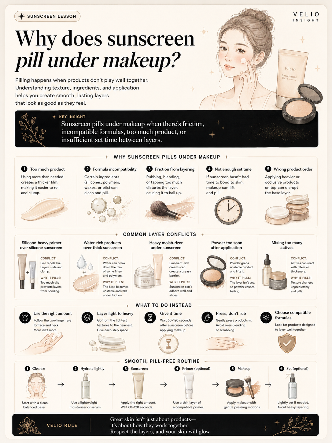 Premium visual guide explaining why sunscreen pills under makeup and how to layer products more smoothly.